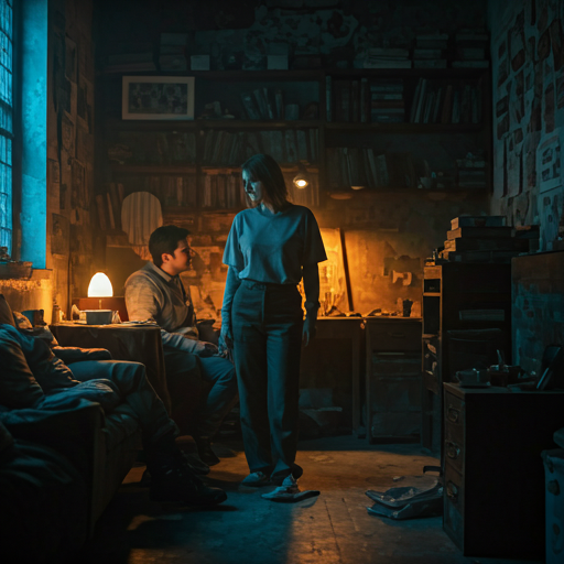 Cinematic still of a couple in a dimly lit lofi apartment during lockdown.